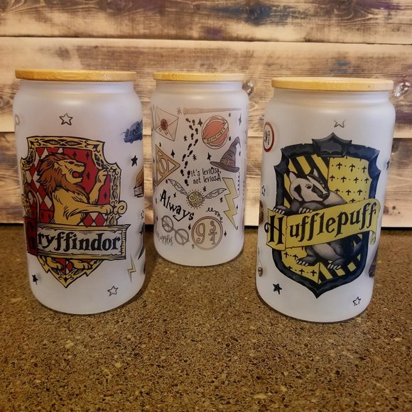Harry Potter Wizard (3) Frosted Glass Tumblers with Gryffindor and Hufflepuff - Picture 1 of 16